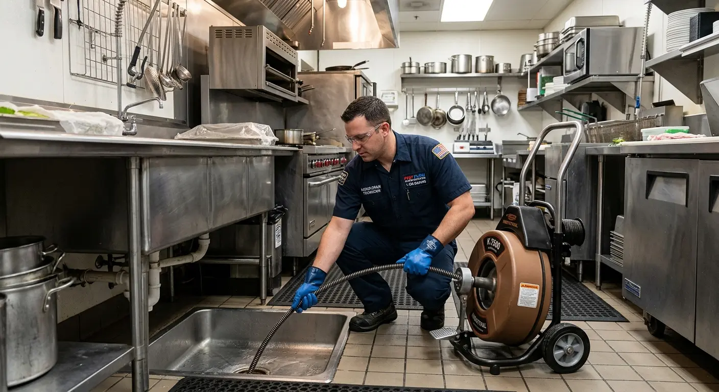 Commercial drain cleaning service in a restaurant kitchen in St. Thomas