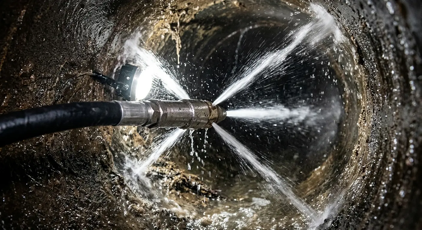 High-pressure hydro jetting nozzle cleaning sewer pipe for Sewer Cleanout in St. Thomas