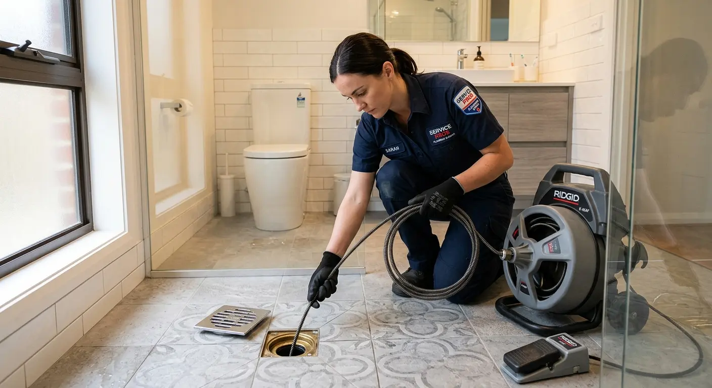 Technician clearing a bathroom floor drain for Clogged Drain Repair in St. Thomas